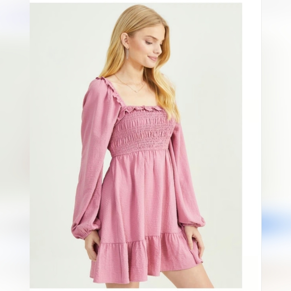 Altar'd State Pink Balloon Sleeve Smocked Peasant Dress